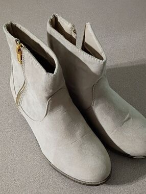 Route 66 Taupe Suede Ankle Booties with Gold Zipper